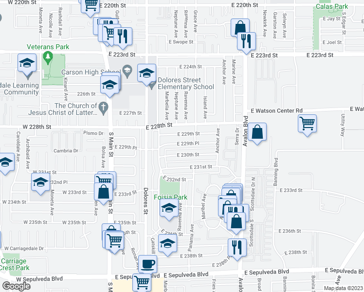 map of restaurants, bars, coffee shops, grocery stores, and more near 364 East 229th Place in Carson