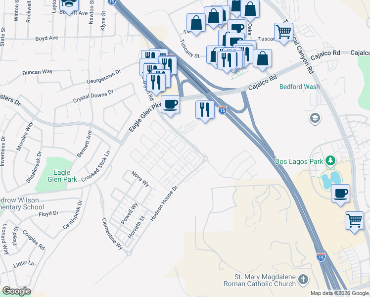 map of restaurants, bars, coffee shops, grocery stores, and more near 3971 Lavine Way in Corona