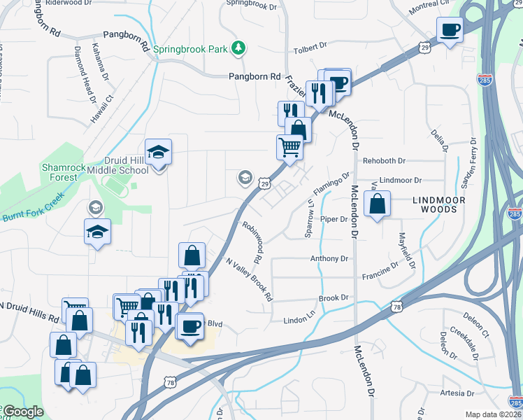 map of restaurants, bars, coffee shops, grocery stores, and more near 2411 Lawrenceville Highway in Decatur