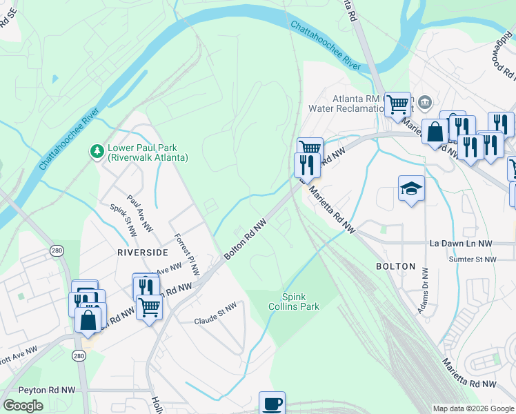 map of restaurants, bars, coffee shops, grocery stores, and more near in Atlanta