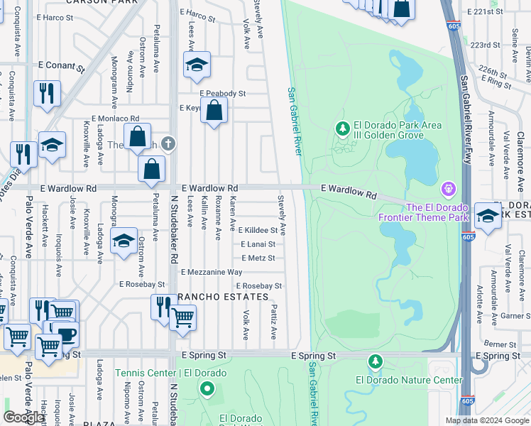 map of restaurants, bars, coffee shops, grocery stores, and more near 7209 East Premium Street in Long Beach