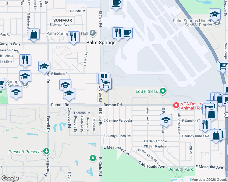 map of restaurants, bars, coffee shops, grocery stores, and more near 437 Bradshaw East Lane in Palm Springs