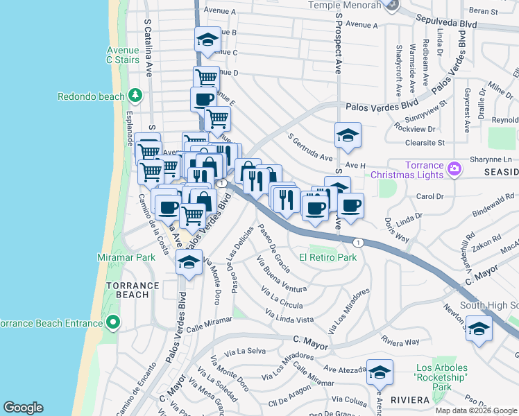 map of restaurants, bars, coffee shops, grocery stores, and more near 6146 Pacific Coast Highway in Redondo Beach