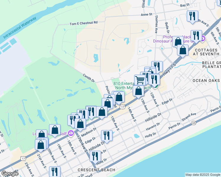 map of restaurants, bars, coffee shops, grocery stores, and more near 47-F Possum Trot Road in North Myrtle Beach