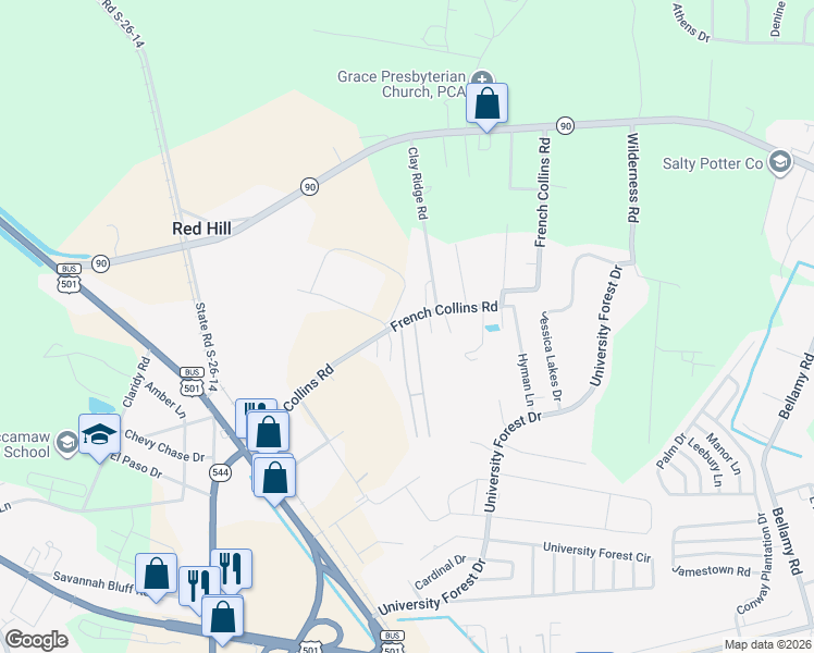 map of restaurants, bars, coffee shops, grocery stores, and more near 1403 Grassy Lane in Conway