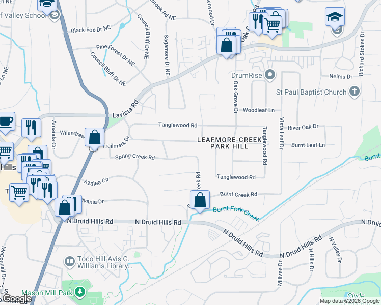 map of restaurants, bars, coffee shops, grocery stores, and more near 2254 Spring Creek Road in Decatur
