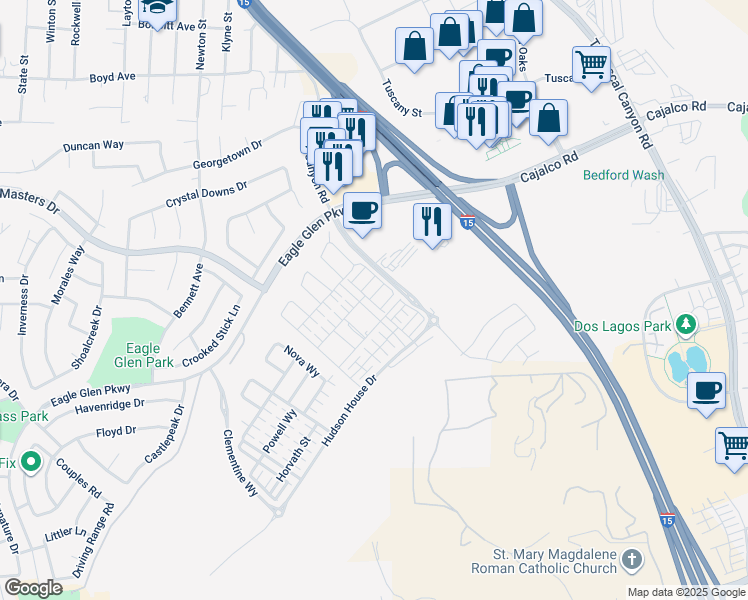 map of restaurants, bars, coffee shops, grocery stores, and more near 3959 Lavine Way in Corona