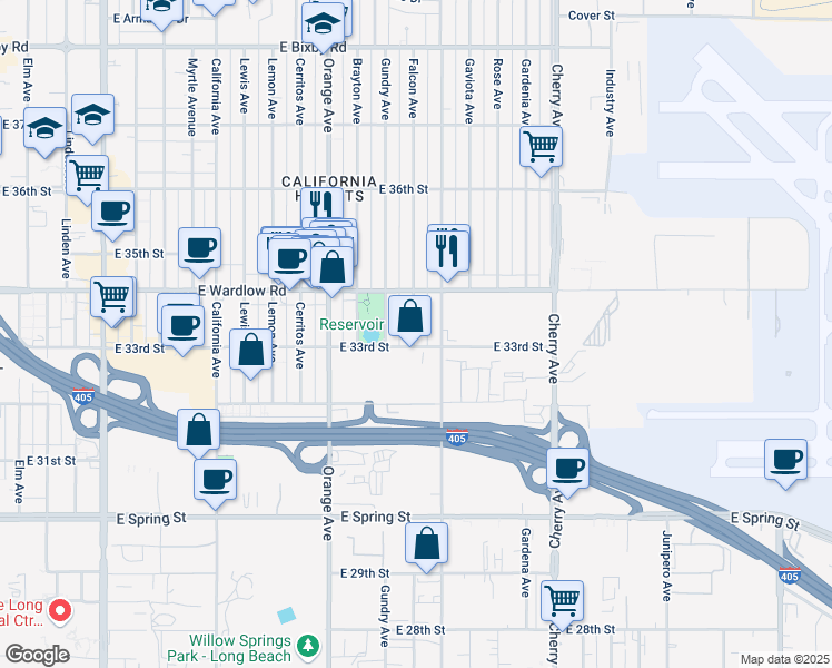 map of restaurants, bars, coffee shops, grocery stores, and more near 3316 Falcon Avenue in Signal Hill