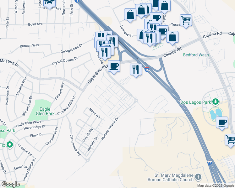 map of restaurants, bars, coffee shops, grocery stores, and more near Lavine Way in Corona