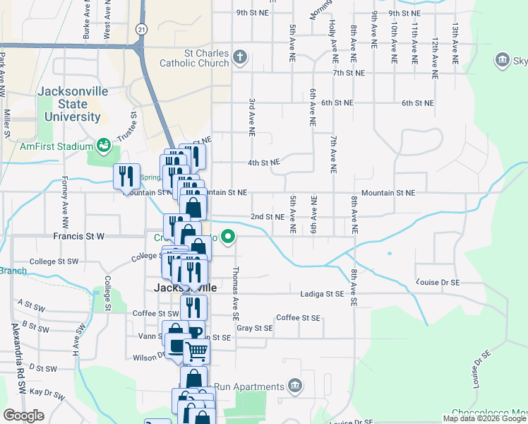 map of restaurants, bars, coffee shops, grocery stores, and more near 410 2nd Street Northeast in Jacksonville