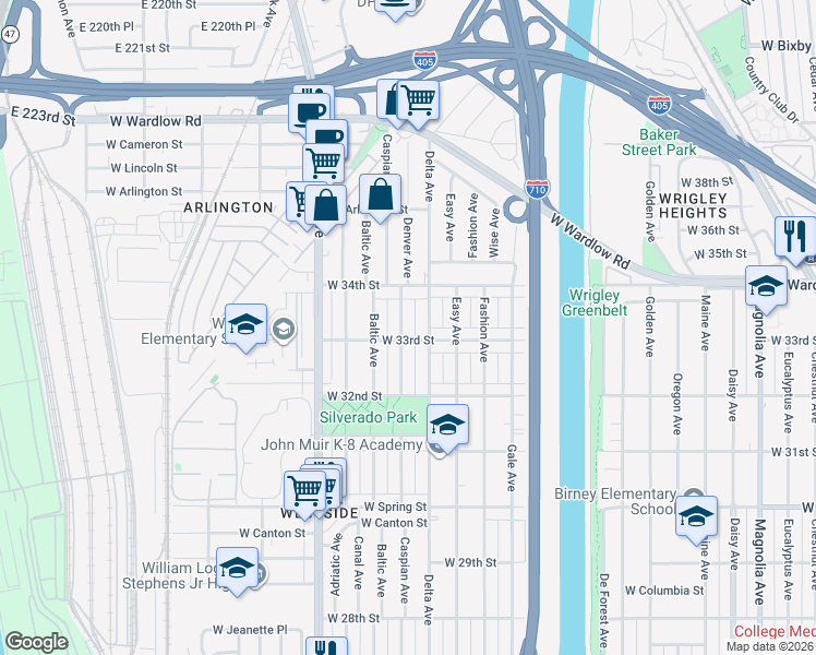map of restaurants, bars, coffee shops, grocery stores, and more near 3320 Caspian Avenue in Long Beach