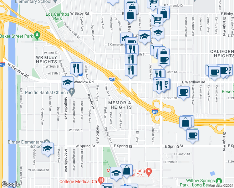 map of restaurants, bars, coffee shops, grocery stores, and more near 3347 1/2 North Crest Drive in Long Beach