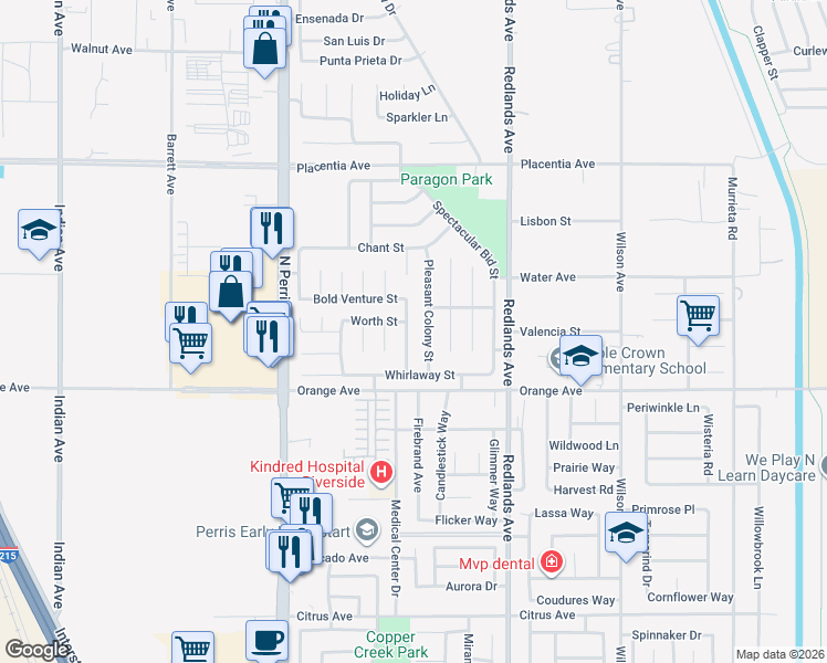 map of restaurants, bars, coffee shops, grocery stores, and more near 2502 Pleasant Colony Street in Perris