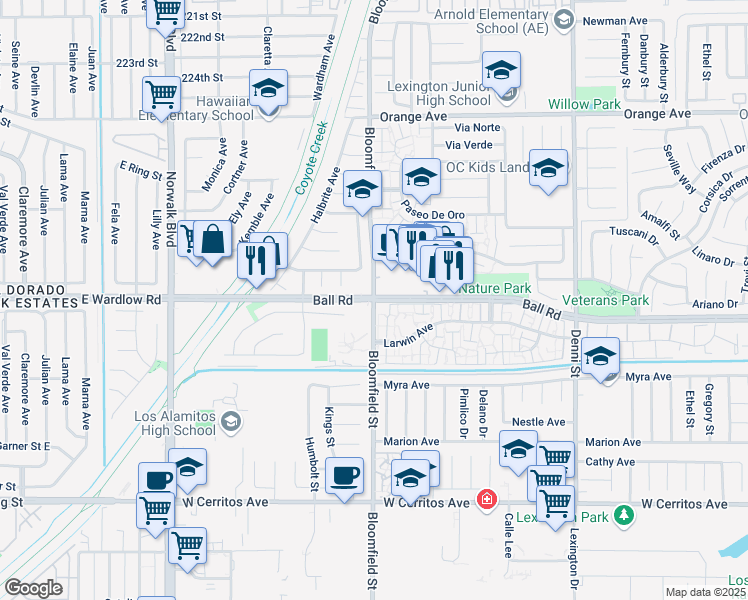map of restaurants, bars, coffee shops, grocery stores, and more near Ball Road & Bloomfield Street in Cypress