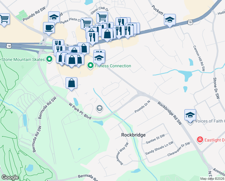 map of restaurants, bars, coffee shops, grocery stores, and more near Unnamed Road in Stone Mountain