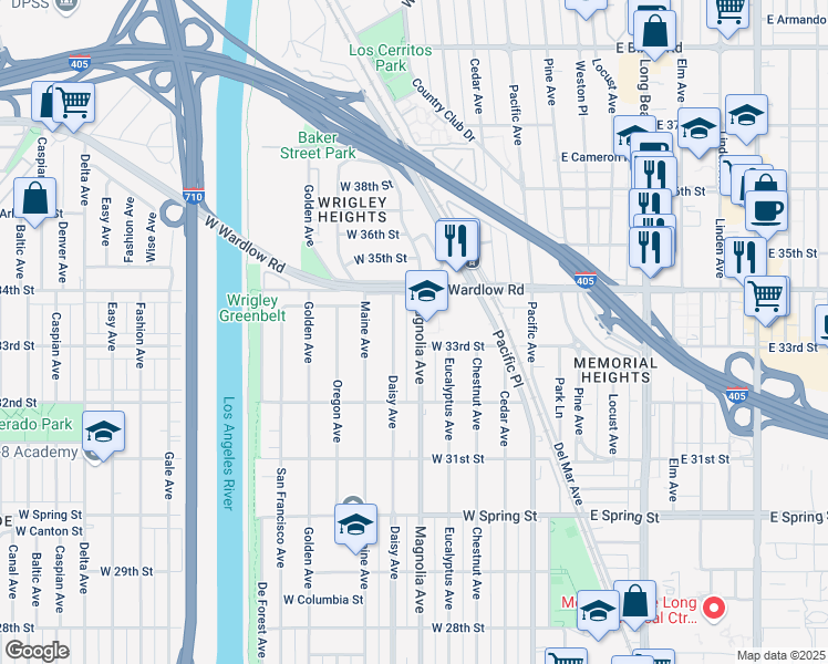 map of restaurants, bars, coffee shops, grocery stores, and more near 3319 Magnolia Avenue in Long Beach