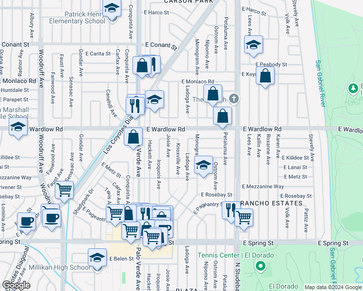 map of restaurants, bars, coffee shops, grocery stores, and more near 3332 Knoxville Avenue in Long Beach