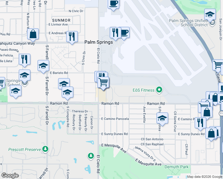 map of restaurants, bars, coffee shops, grocery stores, and more near 440 El Cielo Road in Palm Springs