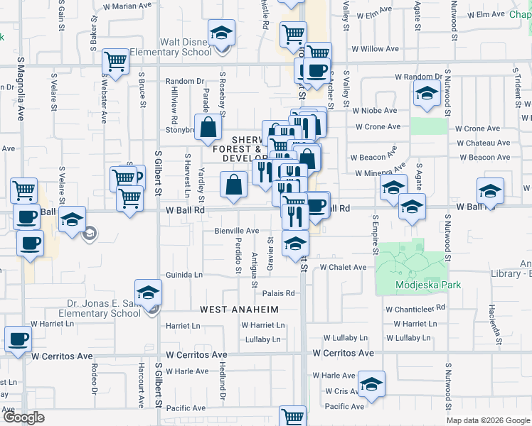 map of restaurants, bars, coffee shops, grocery stores, and more near in Anaheim