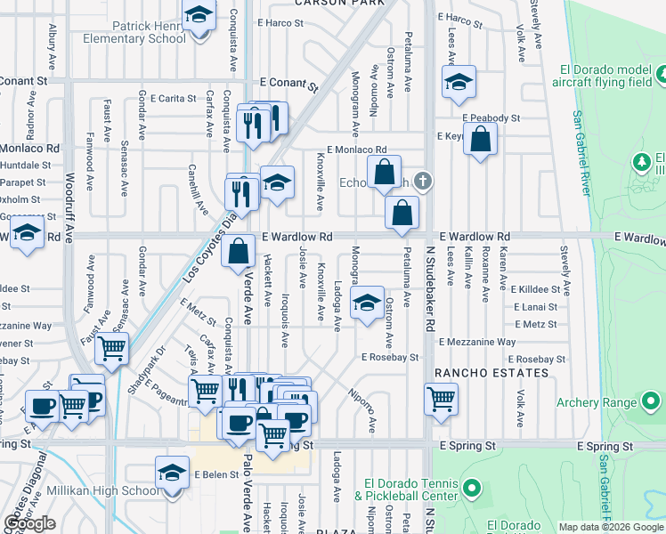 map of restaurants, bars, coffee shops, grocery stores, and more near 3332 Knoxville Avenue in Long Beach