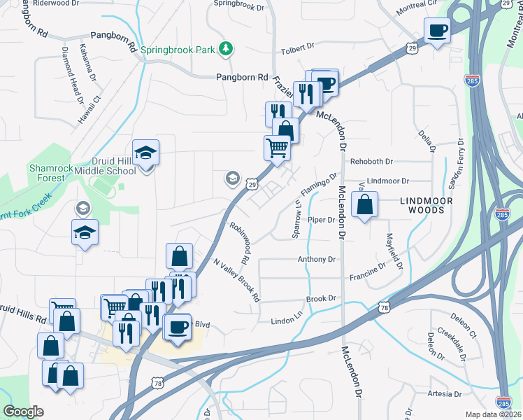 map of restaurants, bars, coffee shops, grocery stores, and more near 2993 Eltham Place in Decatur