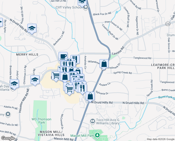 map of restaurants, bars, coffee shops, grocery stores, and more near 1311 Amanda Circle in Decatur