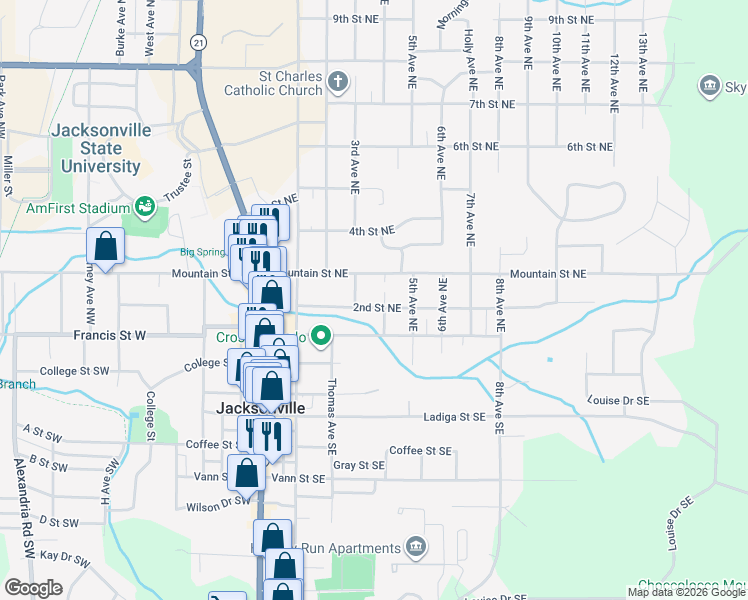 map of restaurants, bars, coffee shops, grocery stores, and more near 410 2nd Street Northeast in Jacksonville