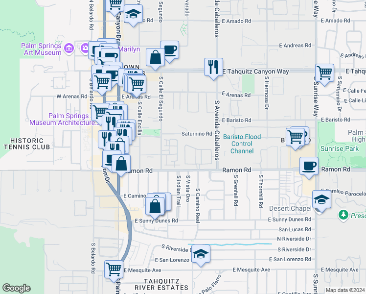 map of restaurants, bars, coffee shops, grocery stores, and more near in Palm Springs