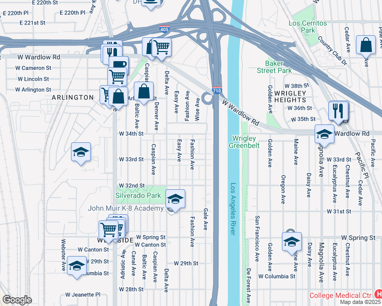 map of restaurants, bars, coffee shops, grocery stores, and more near 3323 Fashion Avenue in Long Beach