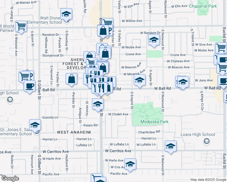 map of restaurants, bars, coffee shops, grocery stores, and more near 2146 West Ball Road in Anaheim