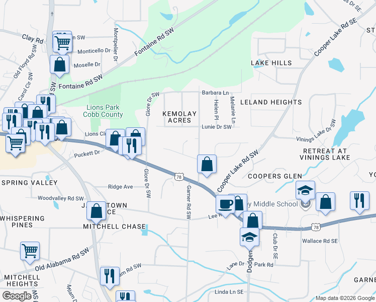 map of restaurants, bars, coffee shops, grocery stores, and more near 332 Camilla Circle Southwest in Mableton