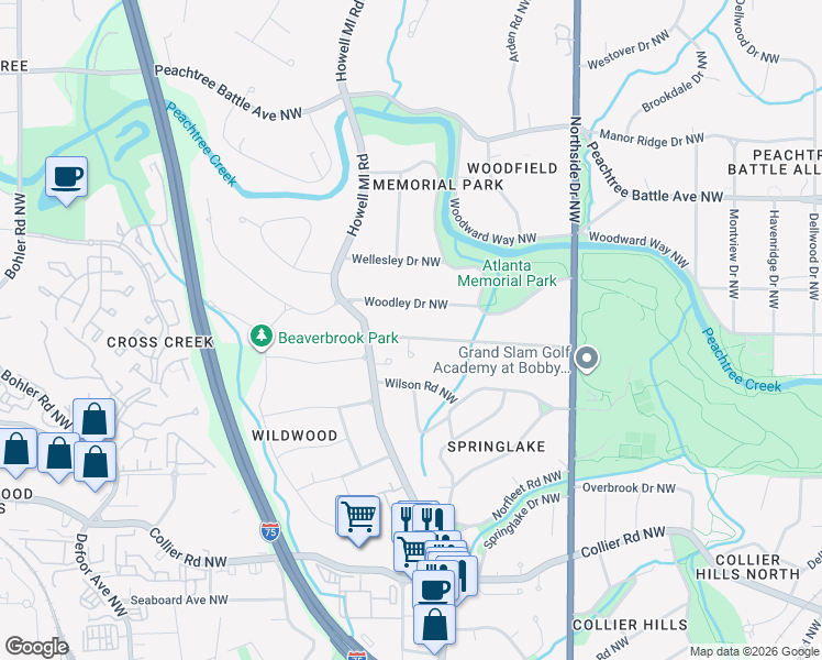 map of restaurants, bars, coffee shops, grocery stores, and more near 789 Longwood Drive Northwest in Atlanta
