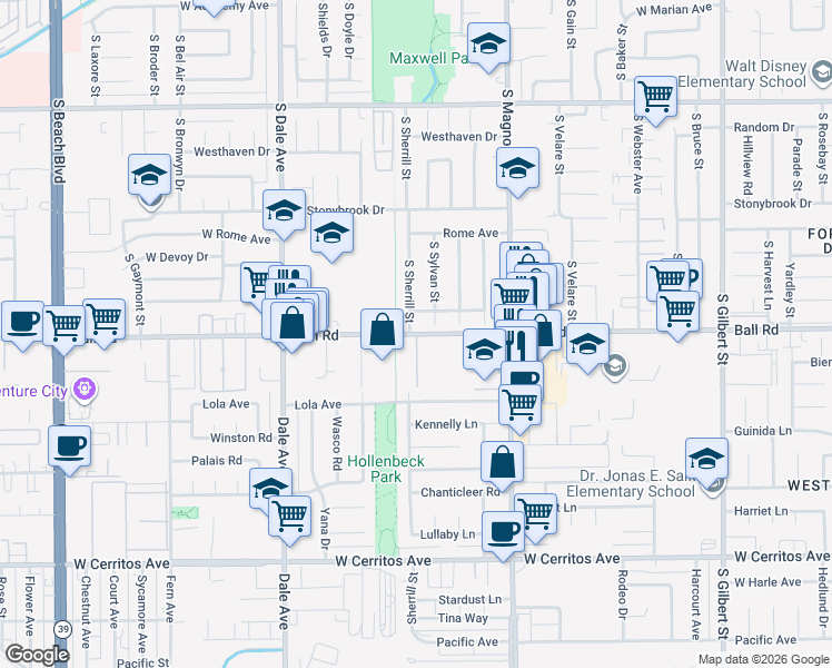 map of restaurants, bars, coffee shops, grocery stores, and more near West Ball Road in Anaheim