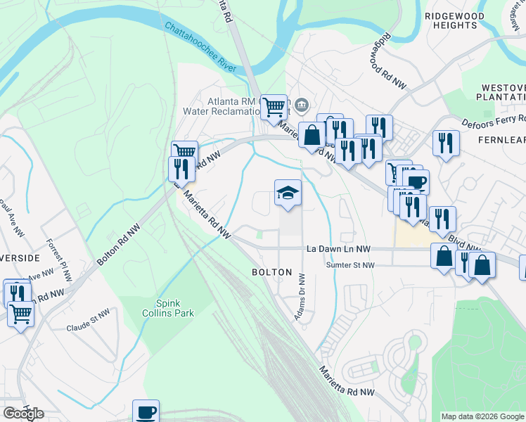 map of restaurants, bars, coffee shops, grocery stores, and more near 2199 Rando Lane Northwest in Atlanta