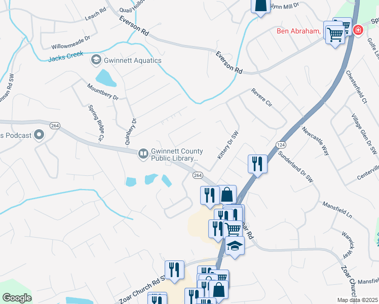 map of restaurants, bars, coffee shops, grocery stores, and more near 3855 Fryeburg Lane in Snellville