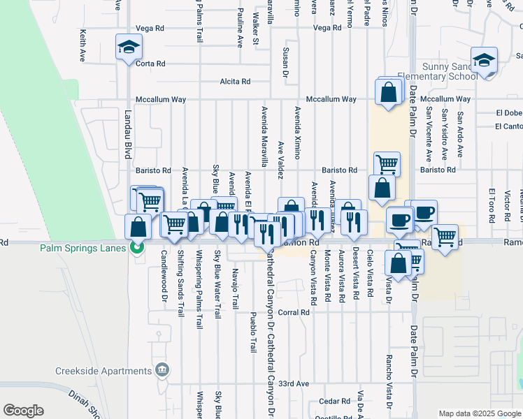 map of restaurants, bars, coffee shops, grocery stores, and more near 31775 Avenida Maravilla in Cathedral City