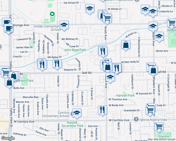 map of restaurants, bars, coffee shops, grocery stores, and more near 3623 Ball Road in Buena Park
