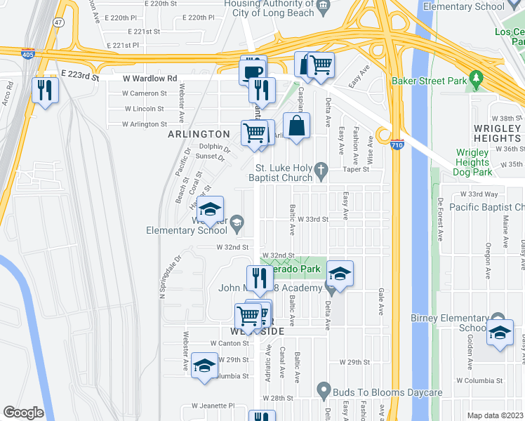 map of restaurants, bars, coffee shops, grocery stores, and more near 3318 Santa Fe Avenue in Long Beach