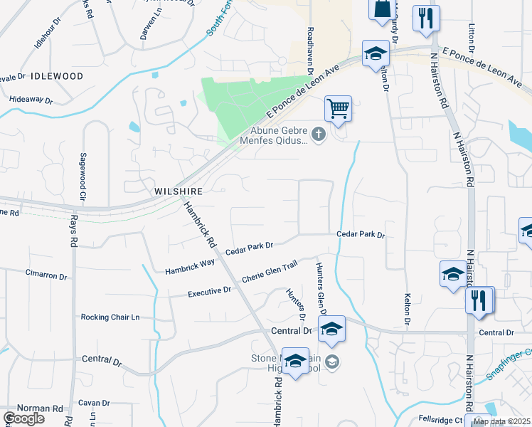 map of restaurants, bars, coffee shops, grocery stores, and more near 1359 Cedar Park Place in Stone Mountain
