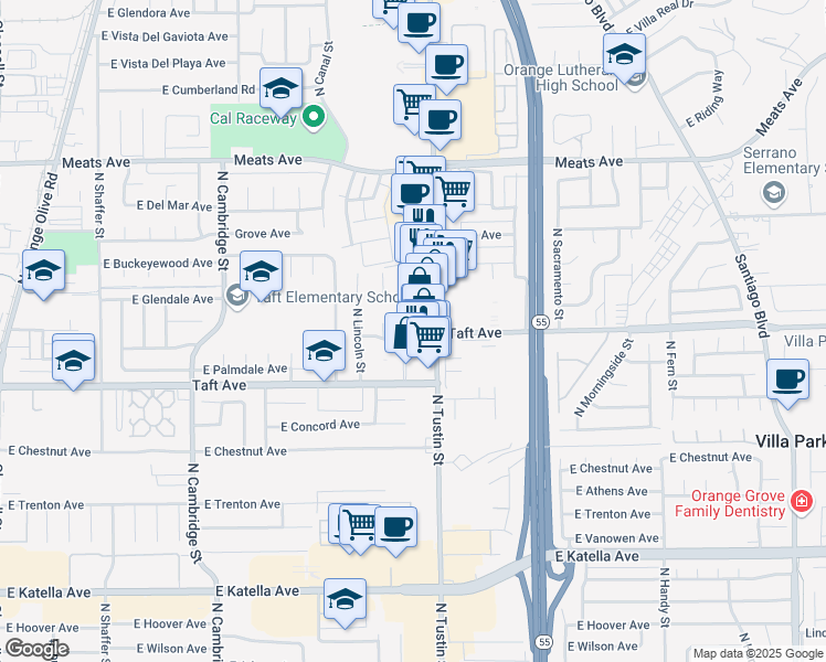 map of restaurants, bars, coffee shops, grocery stores, and more near 1791 North Shattuck Place in Orange
