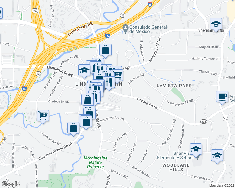map of restaurants, bars, coffee shops, grocery stores, and more near 1217 Lavista Rd NE in Atlanta