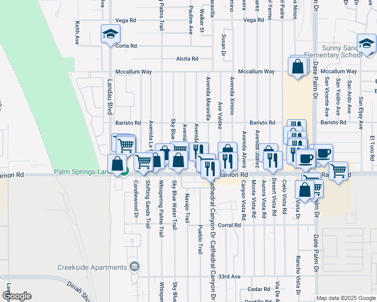 map of restaurants, bars, coffee shops, grocery stores, and more near 31800 Avenida El Mundo in Cathedral City