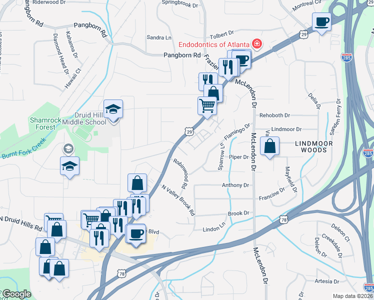 map of restaurants, bars, coffee shops, grocery stores, and more near 2411 Lawrenceville Highway in Decatur