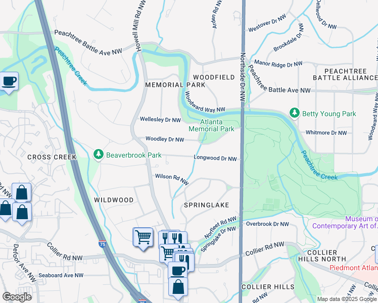 map of restaurants, bars, coffee shops, grocery stores, and more near 735 Longwood Drive Northwest in Atlanta