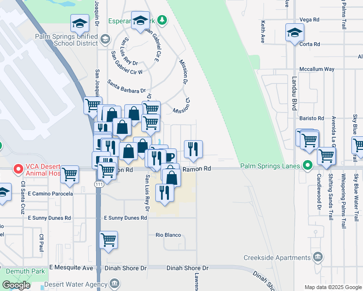 map of restaurants, bars, coffee shops, grocery stores, and more near Agua Caliente Trail in Cathedral City