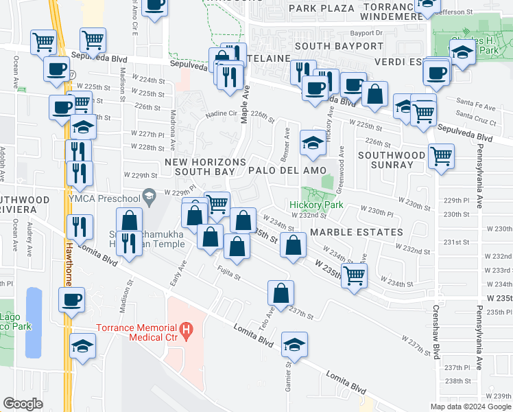 map of restaurants, bars, coffee shops, grocery stores, and more near 2947 W 234th St in Torrance