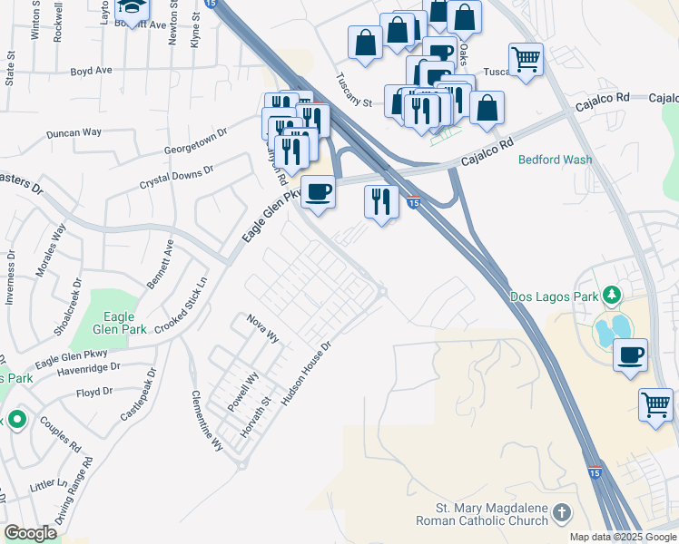 map of restaurants, bars, coffee shops, grocery stores, and more near 3972 Lavine Way in Corona