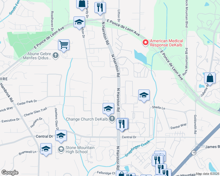 map of restaurants, bars, coffee shops, grocery stores, and more near 1314 Old Countryside Circle West in Stone Mountain