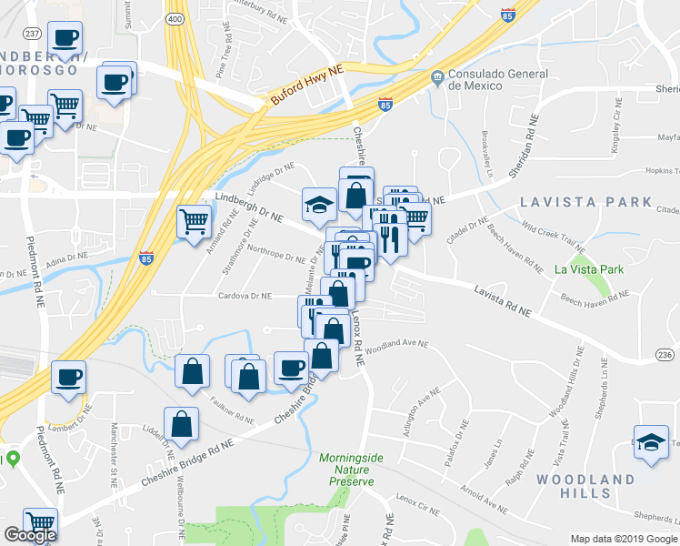 map of restaurants, bars, coffee shops, grocery stores, and more near 2280 Cheshire Brg Rd NE in Atlanta