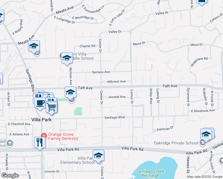 map of restaurants, bars, coffee shops, grocery stores, and more near 18382 Taft Avenue in Villa Park